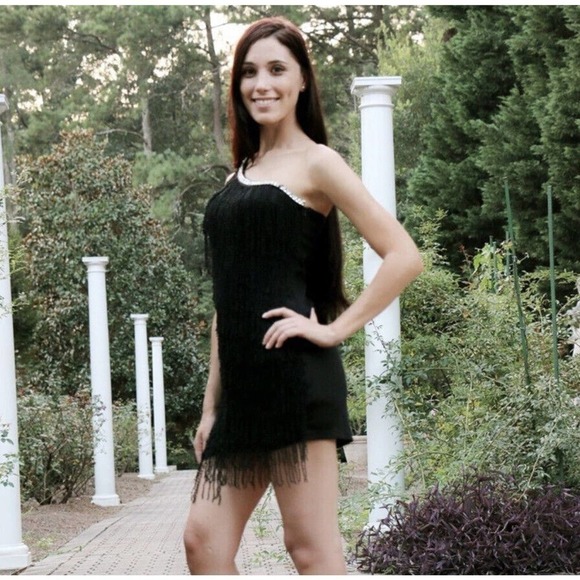 ArkCo | Anthropologie One Shoulder Dress Womens Size M Black Fringe Gatsby Mini - Picture 7 of 11